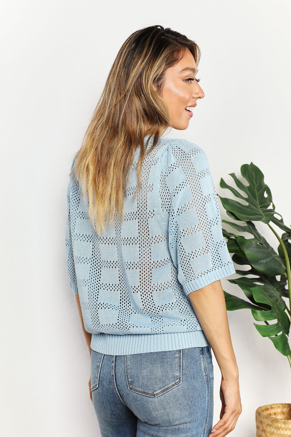 Ribbed Trim Round Neck Knit Top in Light Blue for Women