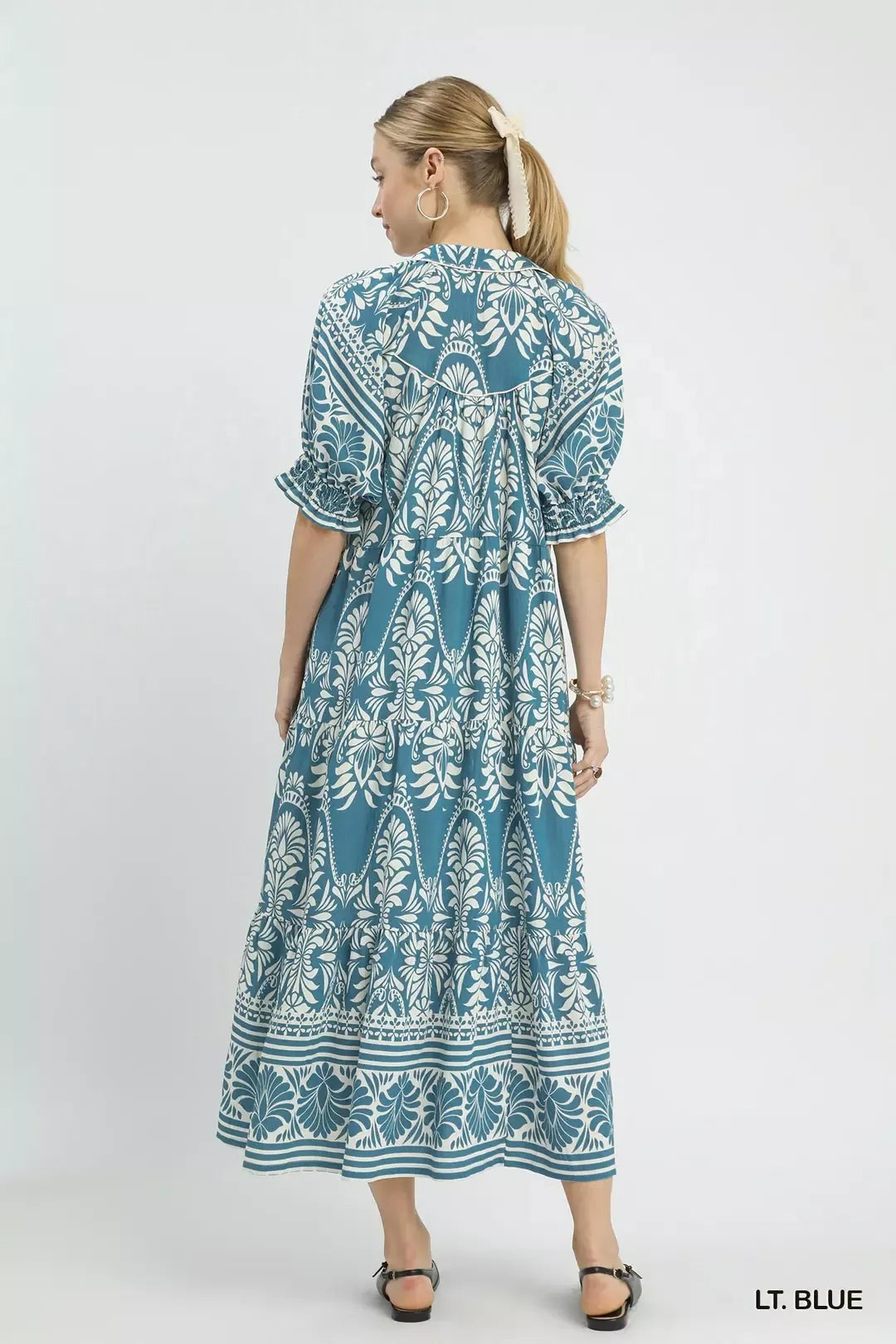 Two Tone Border Print Midi Dress in Light Blue for Women