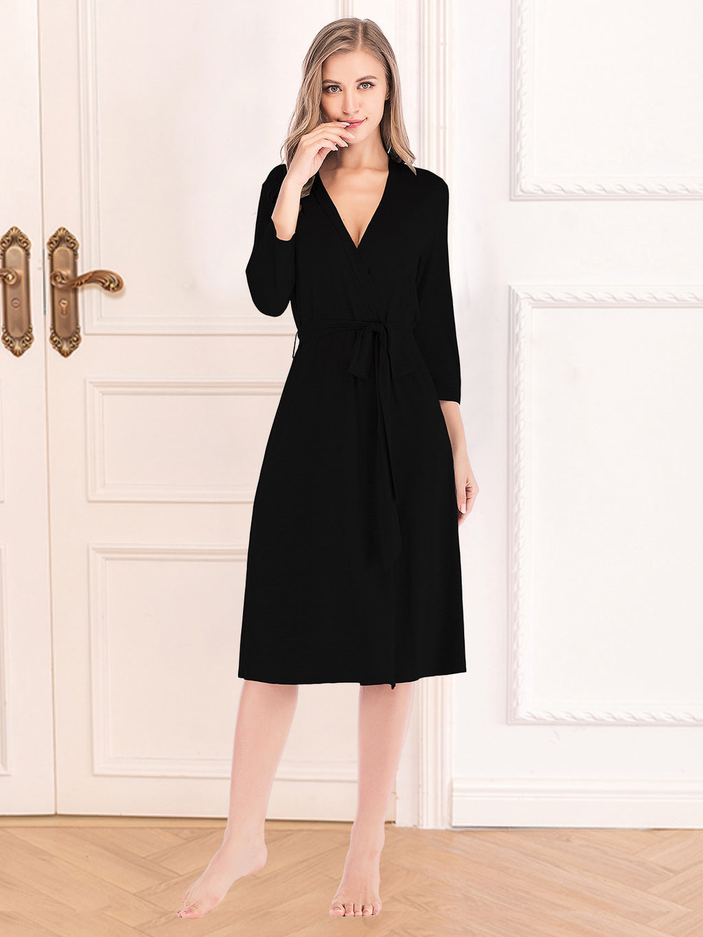 Plunge Tie Front Night Dress in Black for Women
