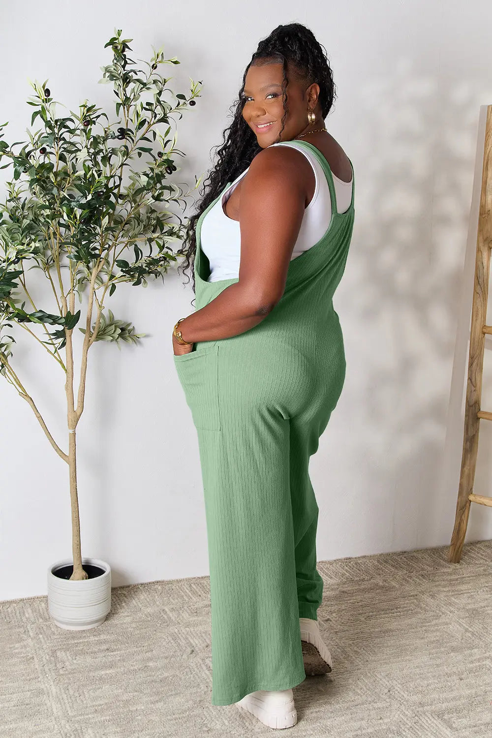 Plus Size Wide Strap Overall with Pockets in French Blue for Women