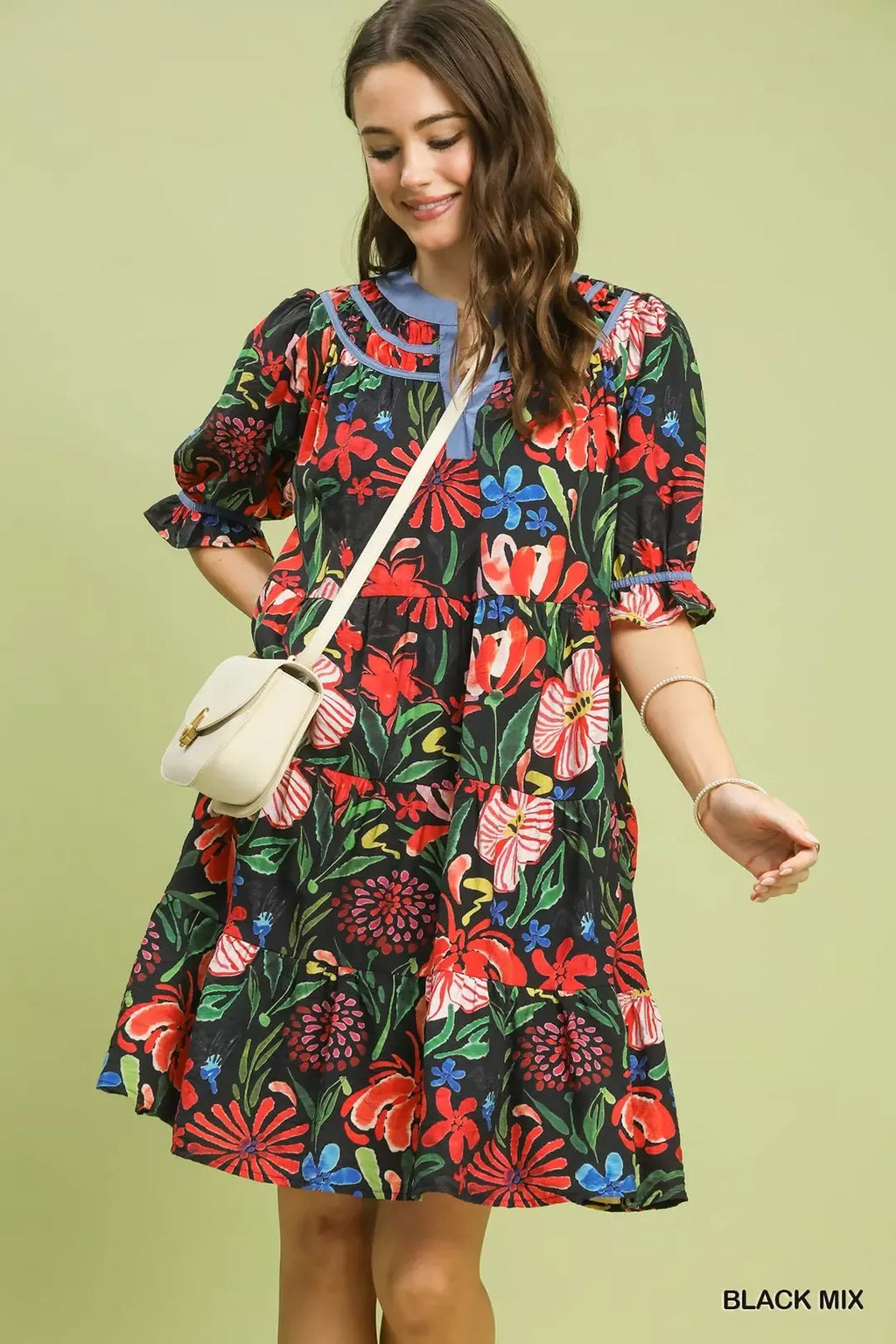 Floral Tiered Puff Sleeve Dress in Black Mix for Women