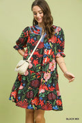 Floral Tiered Puff Sleeve Dress in Black Mix for Women