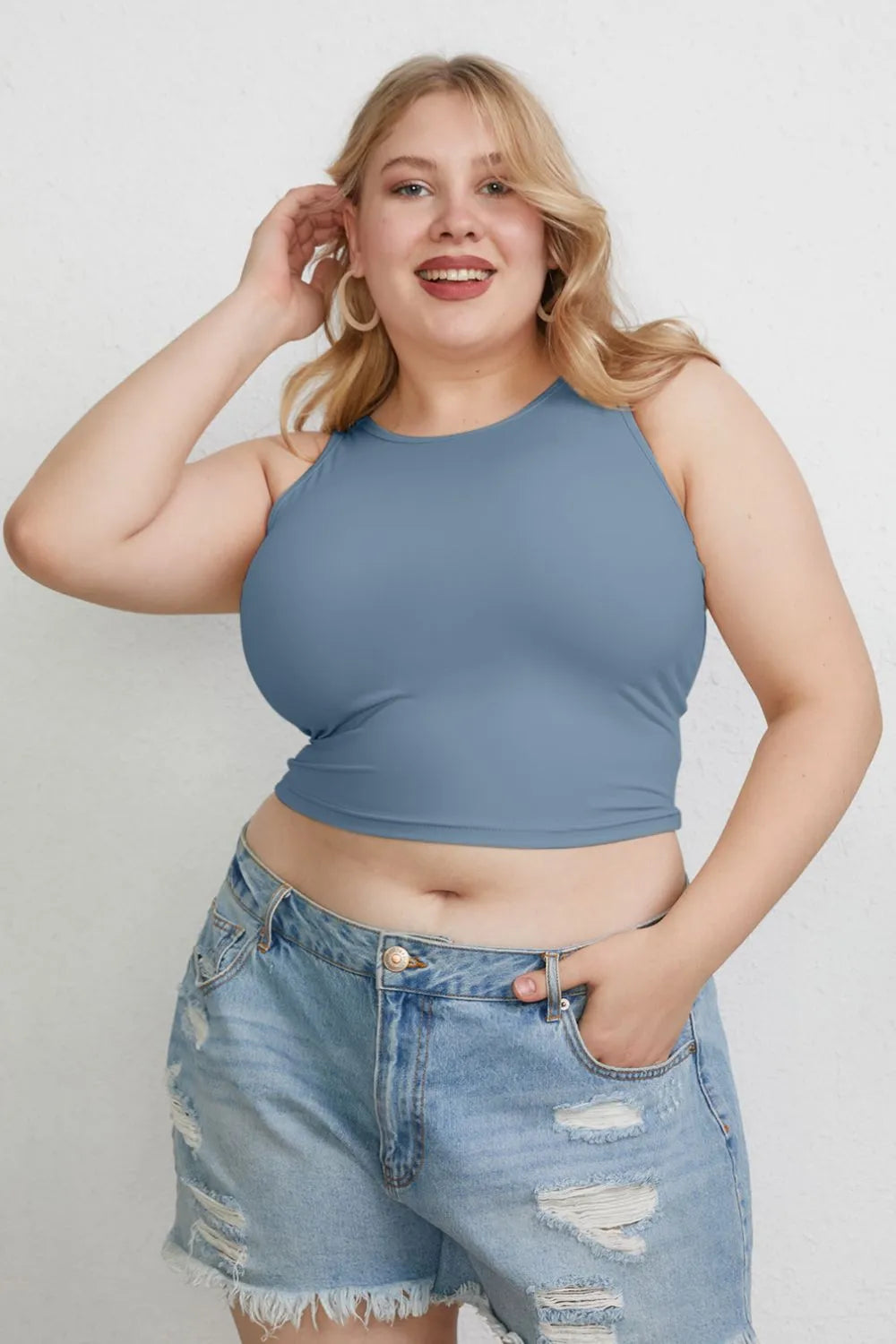 Plus Size Round Neck Slim Tank in Black in Light Blue for Women