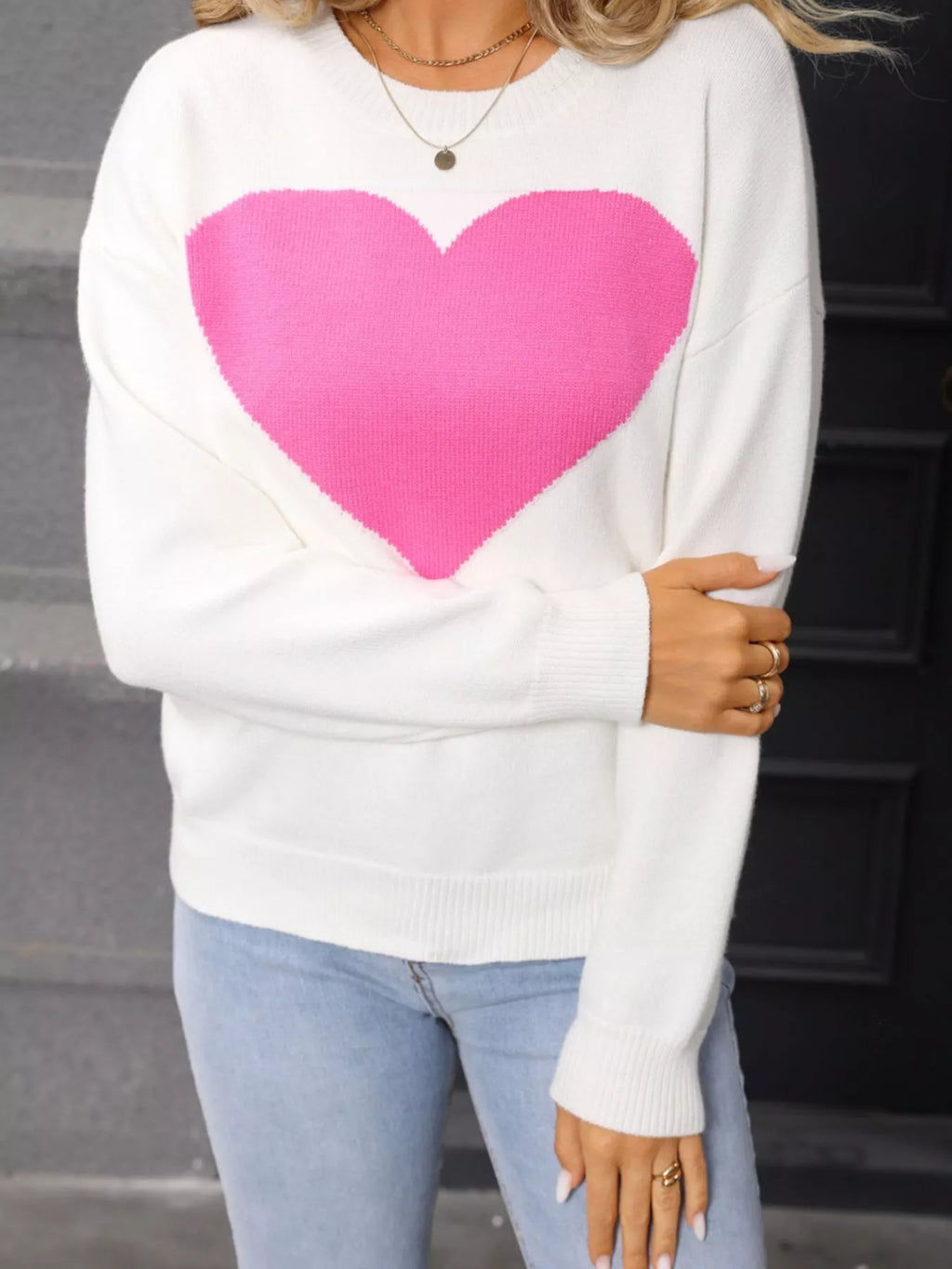 Valentines Day Heart Round Neck Dropped Shoulder Sweater in White for Women