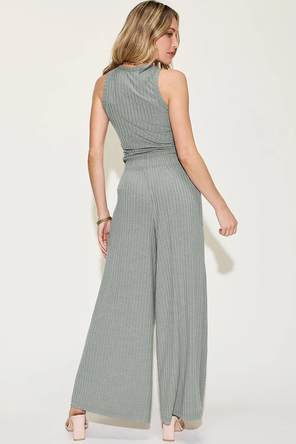 Plus Size Ribbed Tank and Wide Leg Pants Set in Gray for Women
