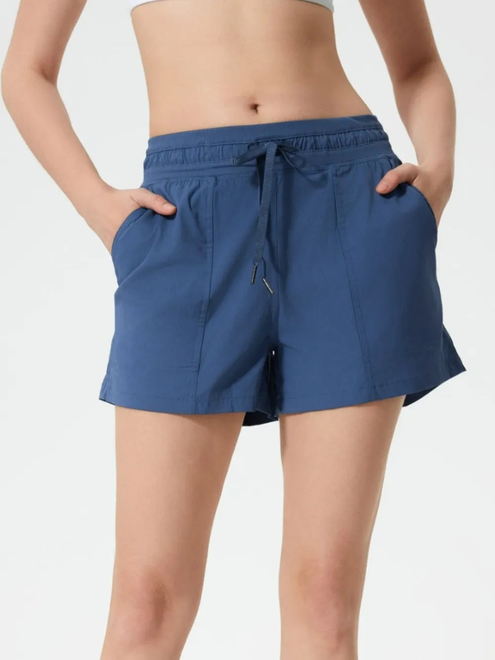 Drawstring Active Shorts with Pockets in Dusty Blue for Women