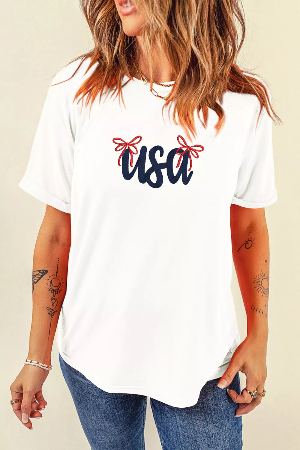 USA Lettering Bow Embroidered T-Shirt in White for Women