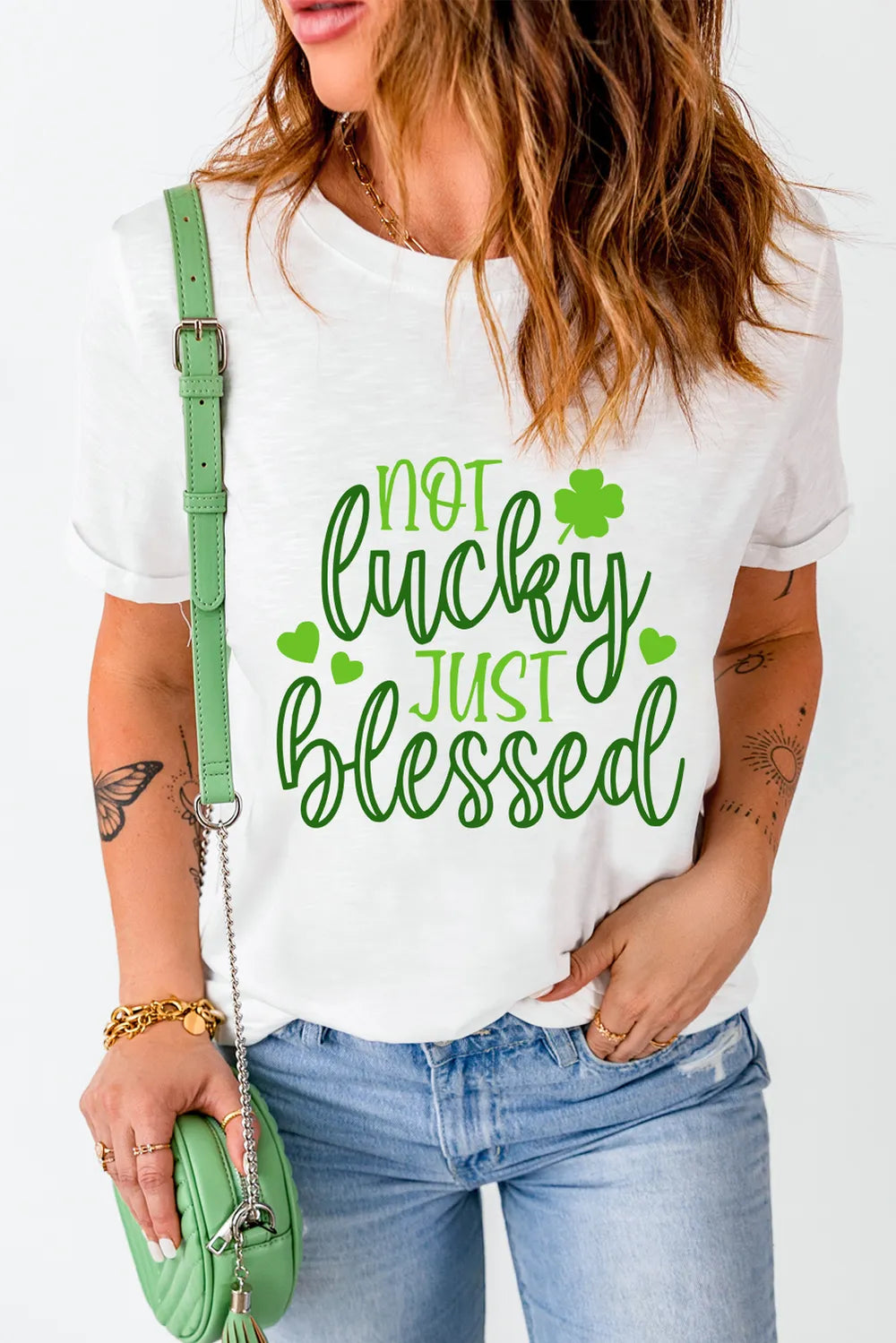 Not Lucky Just Blessed Round Neck T-Shirt in White for Women