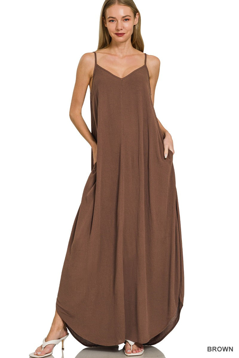 Woven Crinkle Cami Maxi Dress with Side Pockets in Brown for Women