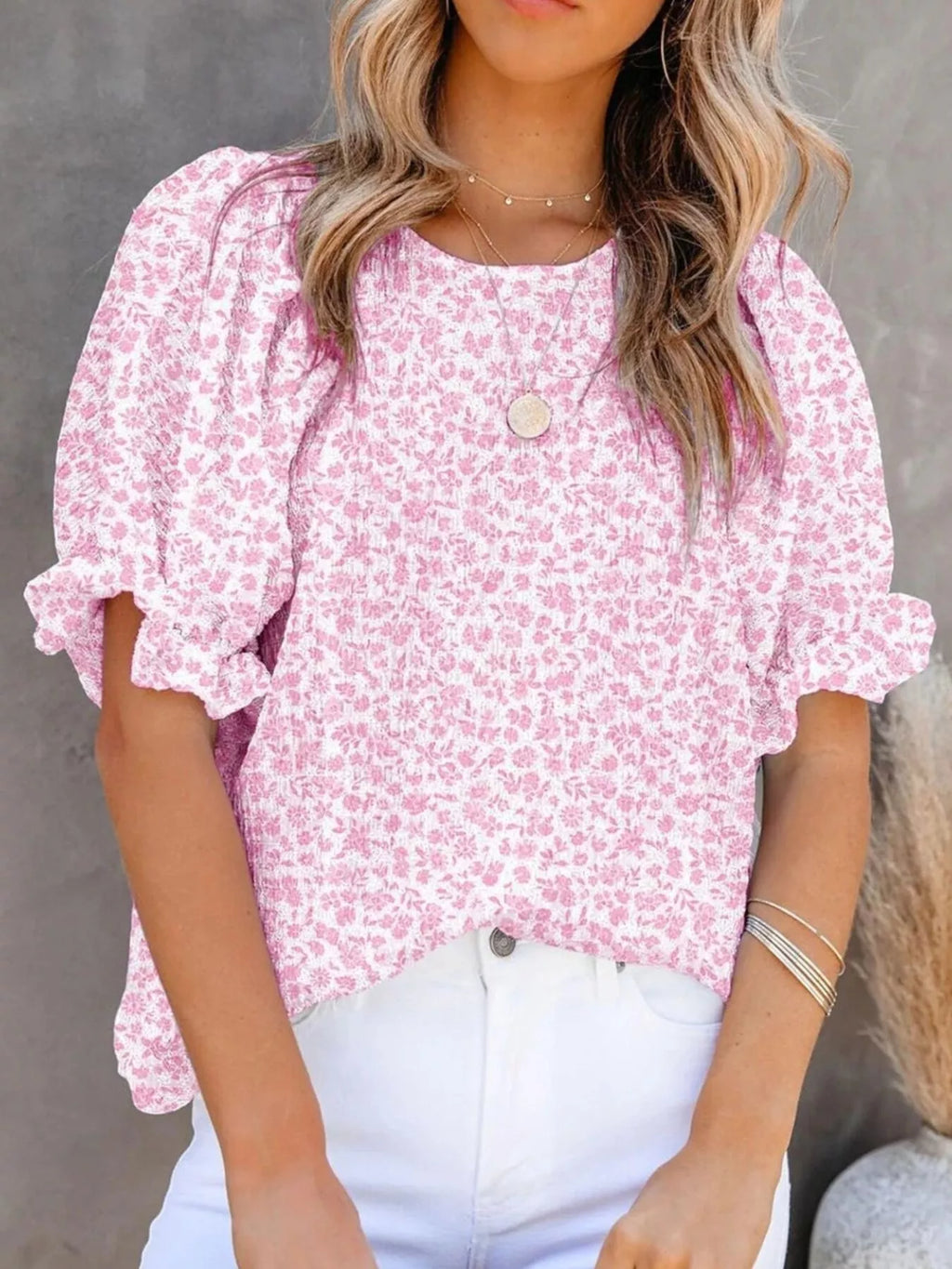 Floral Print Ruffle Sleeve Blouse Plus Size in Sky Blue for Women