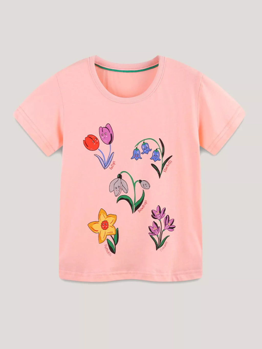 Floral Print Crew Neck T-Shirt in Watermelon Pink for Girls