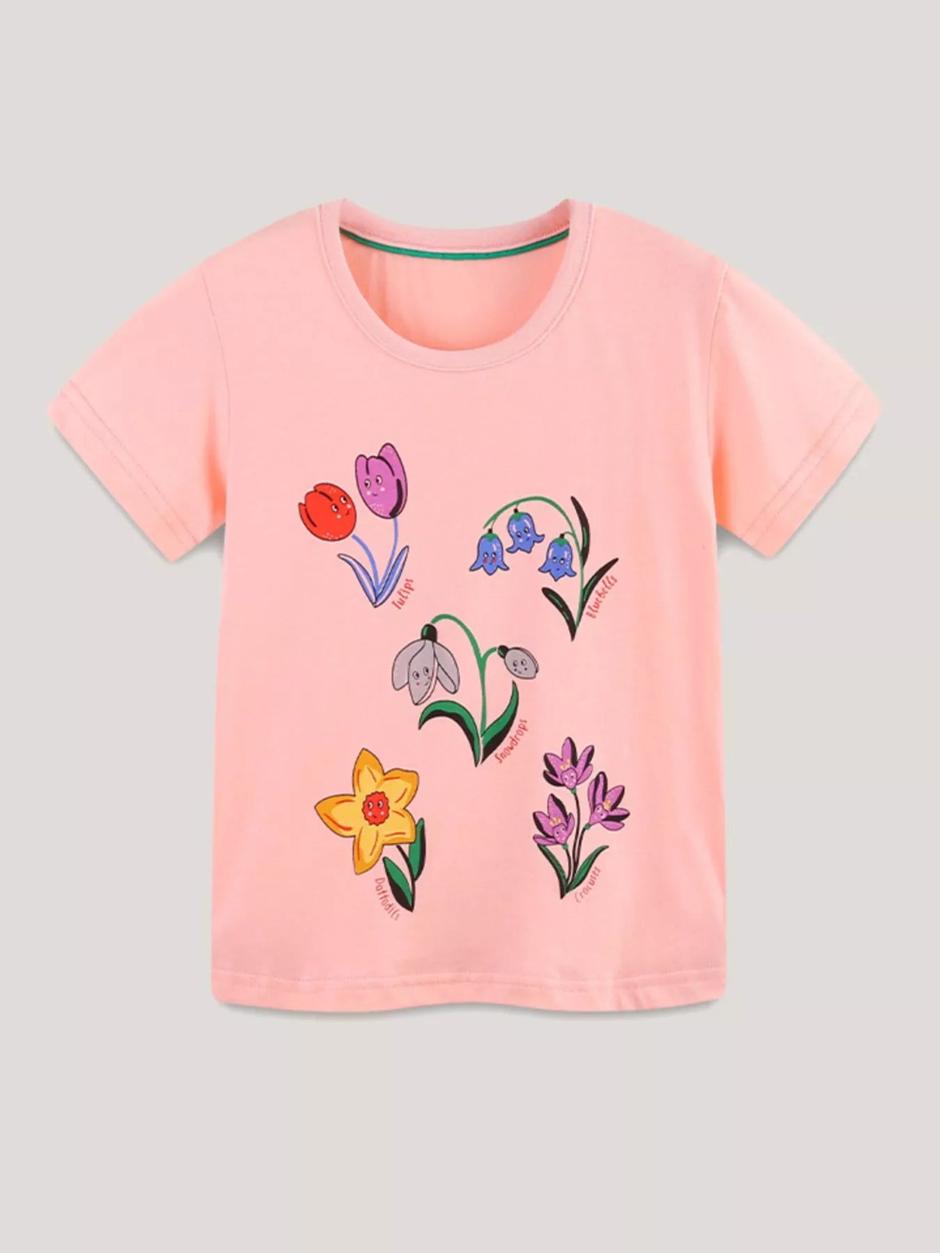 Floral Print Crew Neck T-Shirt in Watermelon Pink for Girls