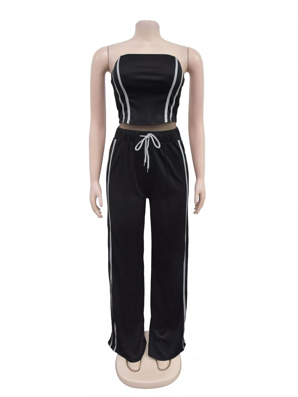 Sleeveless Tube Top and Wide Leg Pants Set in Black for Women