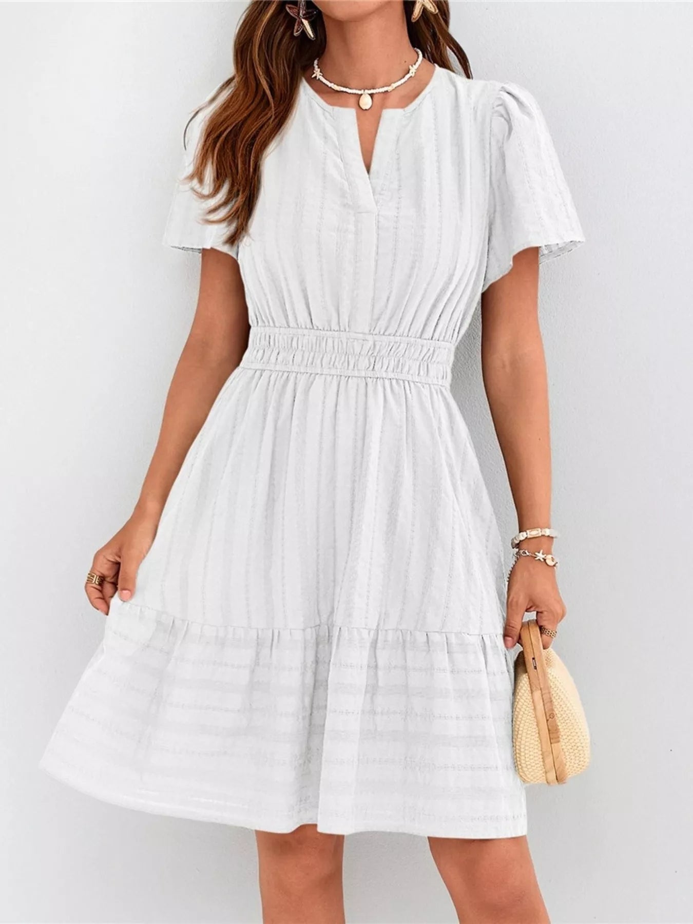 Short Sleeve Smocked Waist Tiered Dress in Light Green for Women