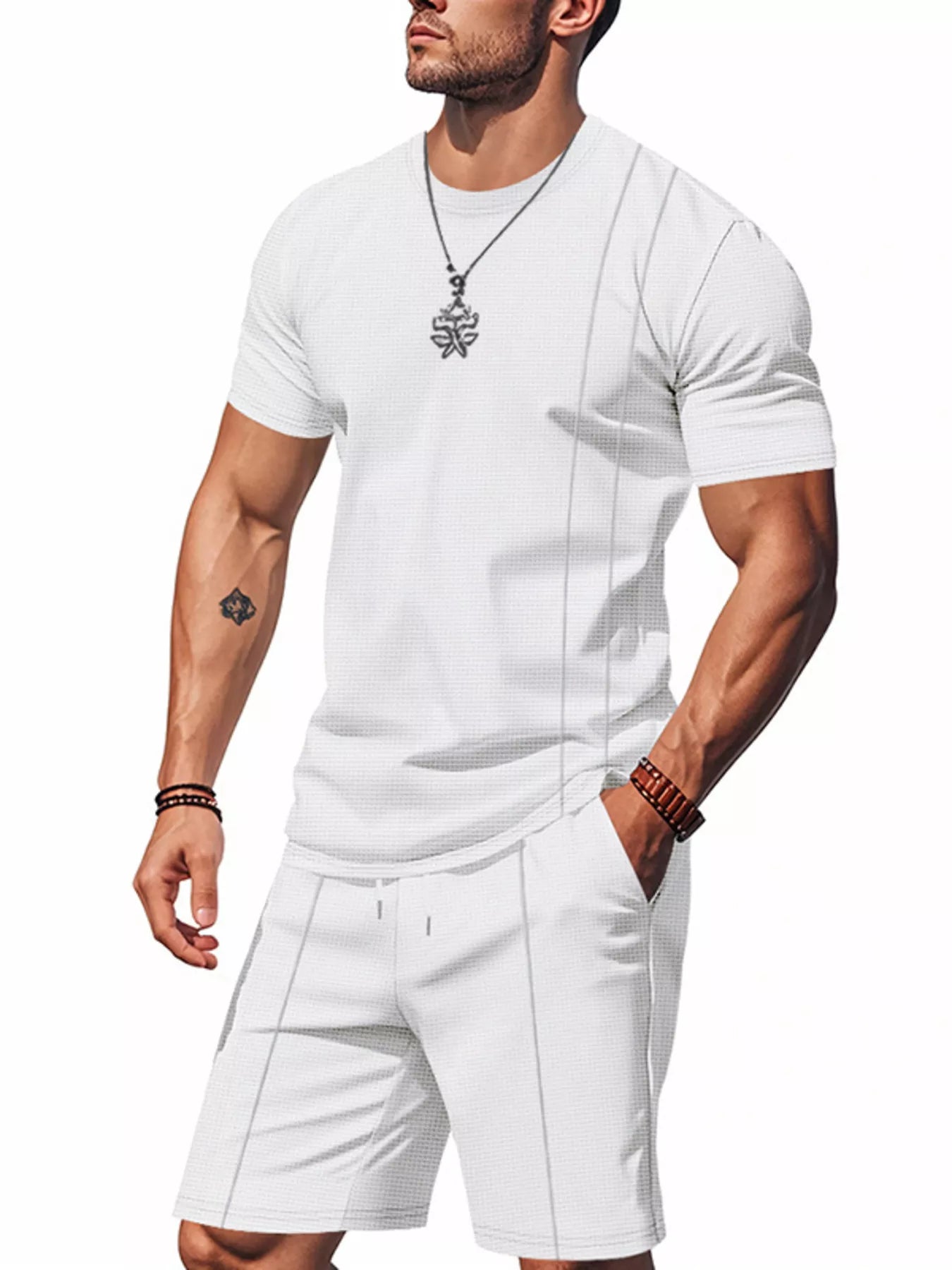 Casual Striped Short Sleeve T-Shirt and Shorts Set Plus Size in Light Gray for Men