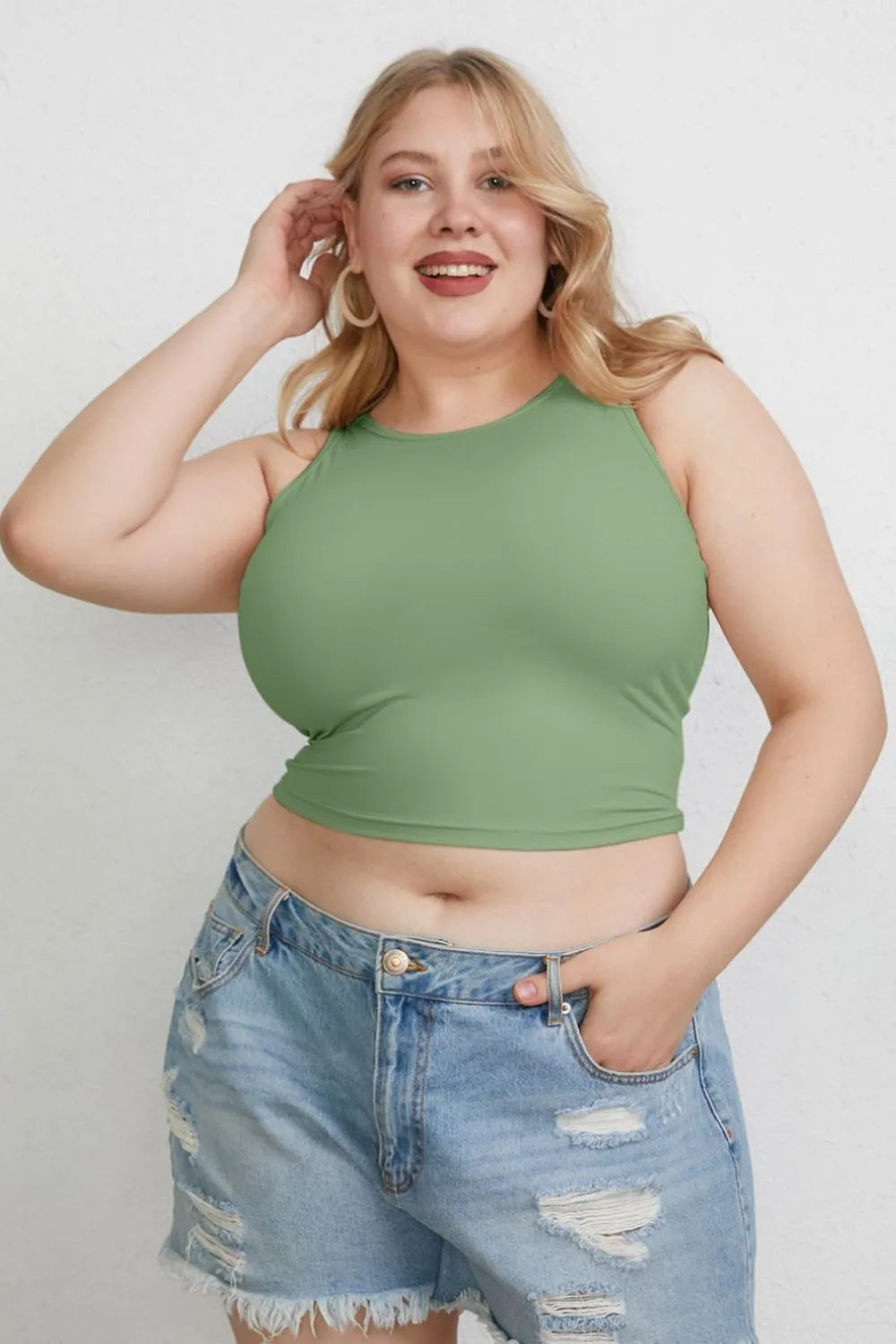 Plus Size Round Neck Slim Tank in Black in Sage for Women