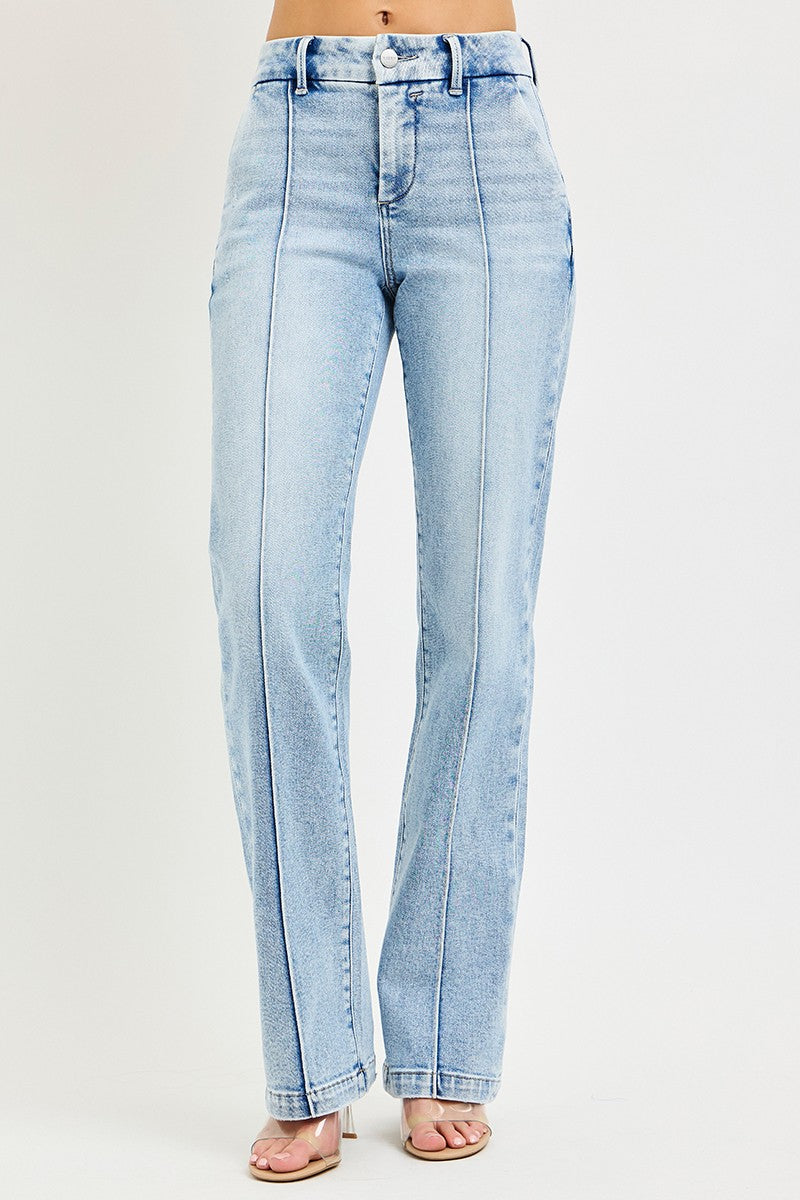 Tummy Control High Rise Straight Pin Tuck Jeans in Light for Women
