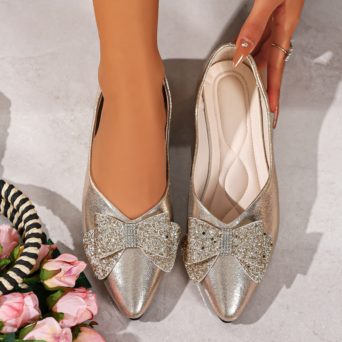 Bow Point Toe Slip-Ons in Black for Women
