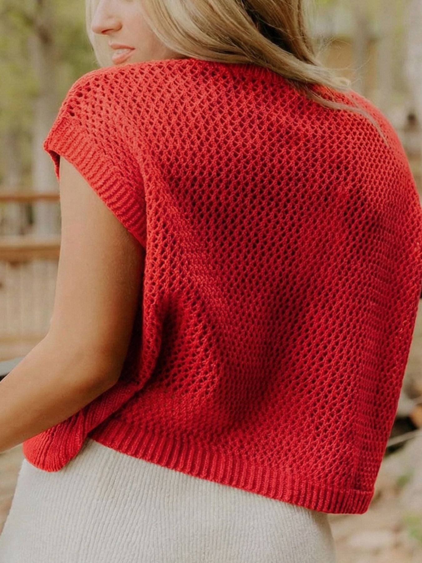 American Flag Knitted Short Sleeve Sweater in Deep Red for Women
