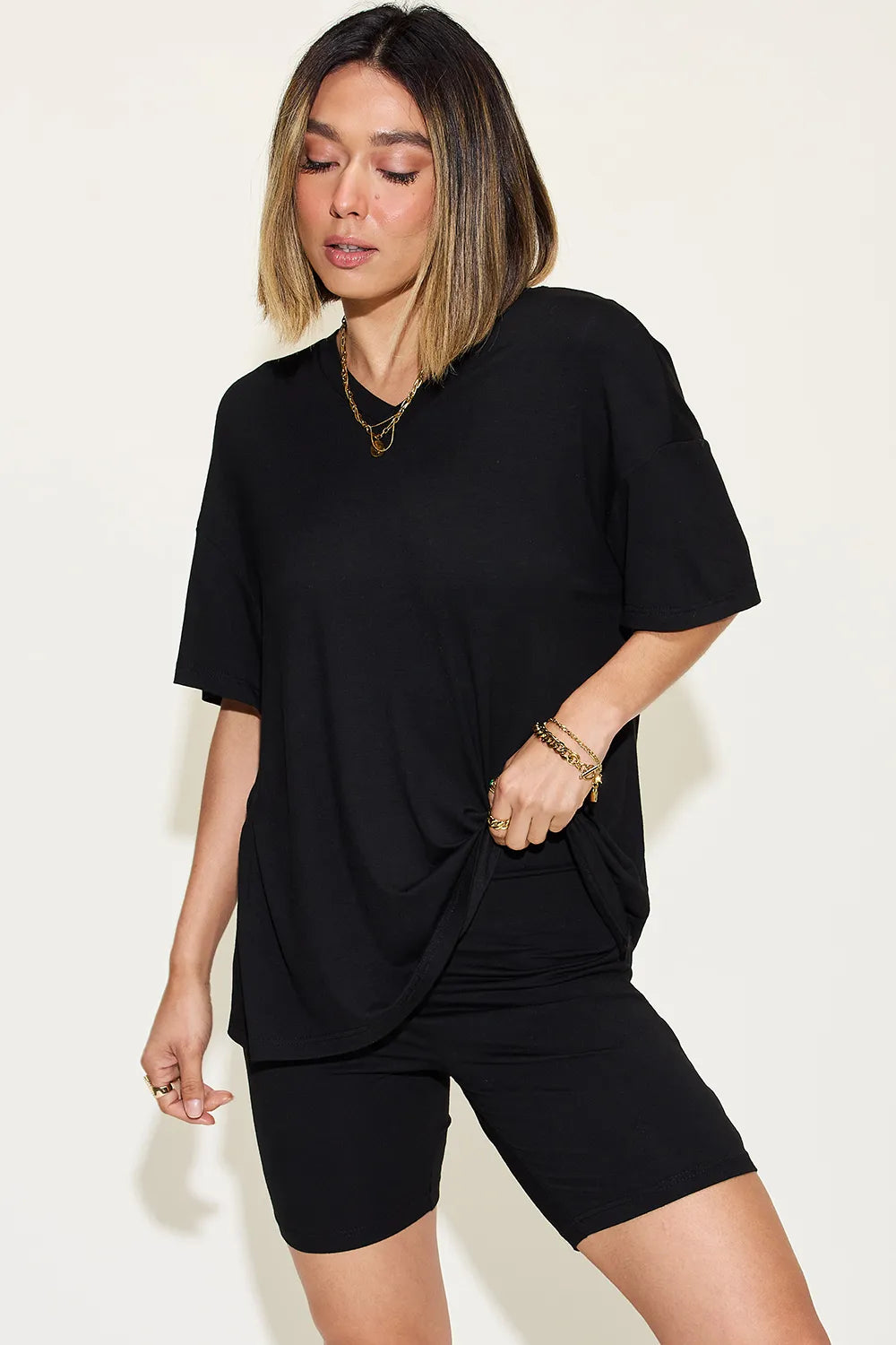 Plus Size V-Neck Drop Shoulder T-Shirt and Shorts Set in Dark Gray for Women