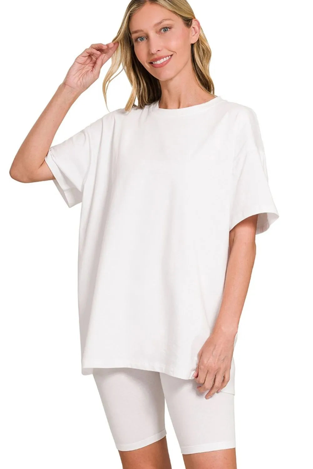 Cotton Round Neck Top & Biker Shorts in White for Women