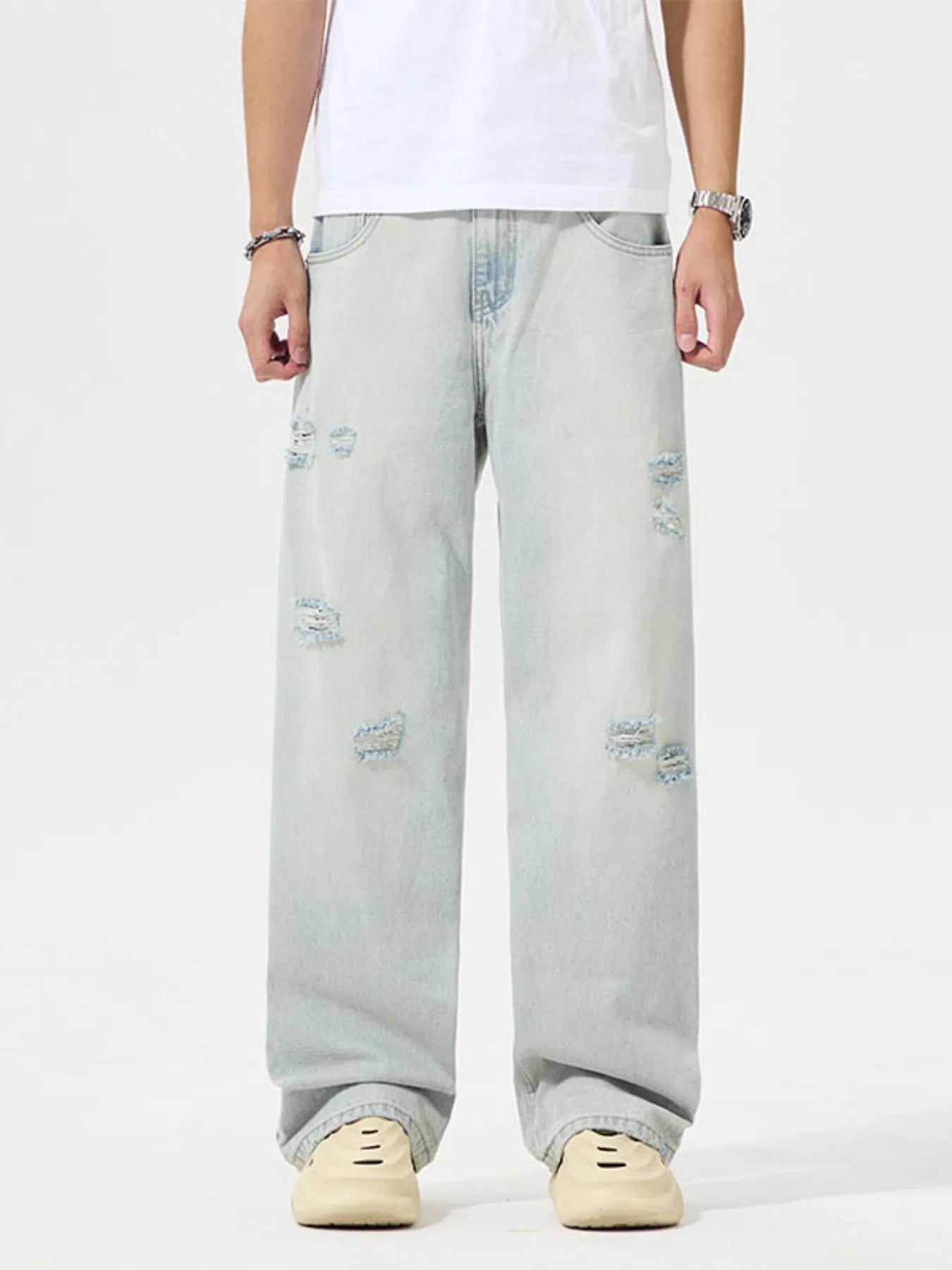 Distressed Wide Leg Jeans Plus Size in Light Blue for Men