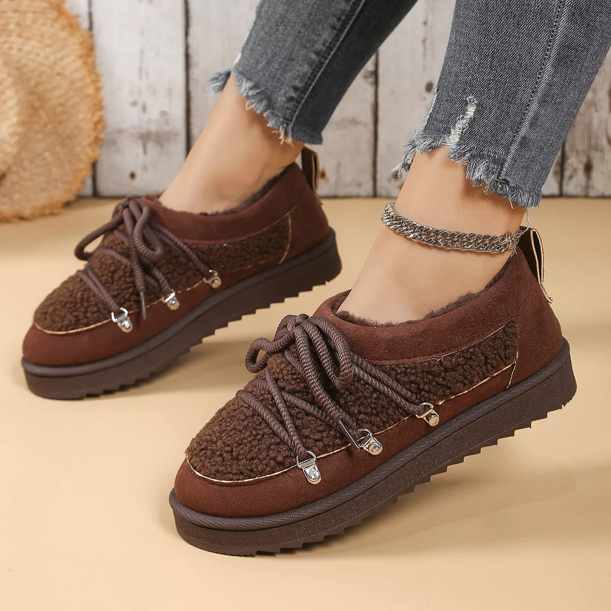 Lace Up Round Toe Platform Ankle Boots in Camel for Women