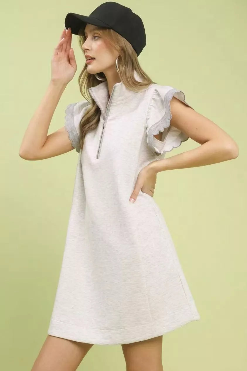 Zip-Neck Flutter Sleeve Dress in H. White for Women