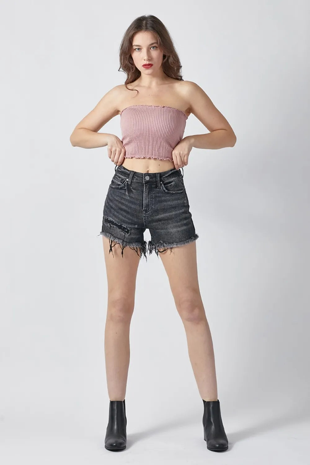 Raw Hem Denim Shorts with Pockets for Women