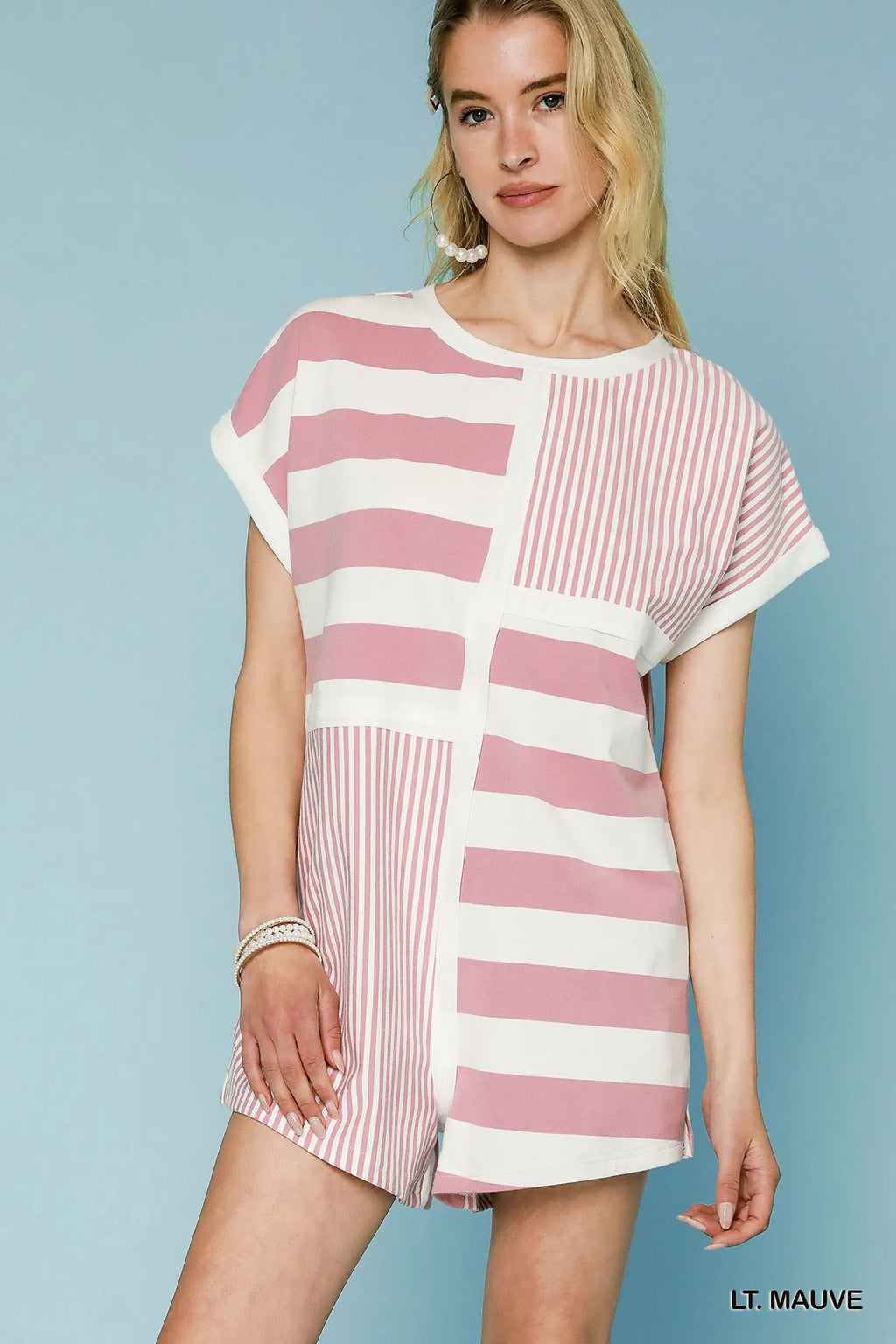Mixed Striped Short Sleeve Romper in Light Mauve for Women