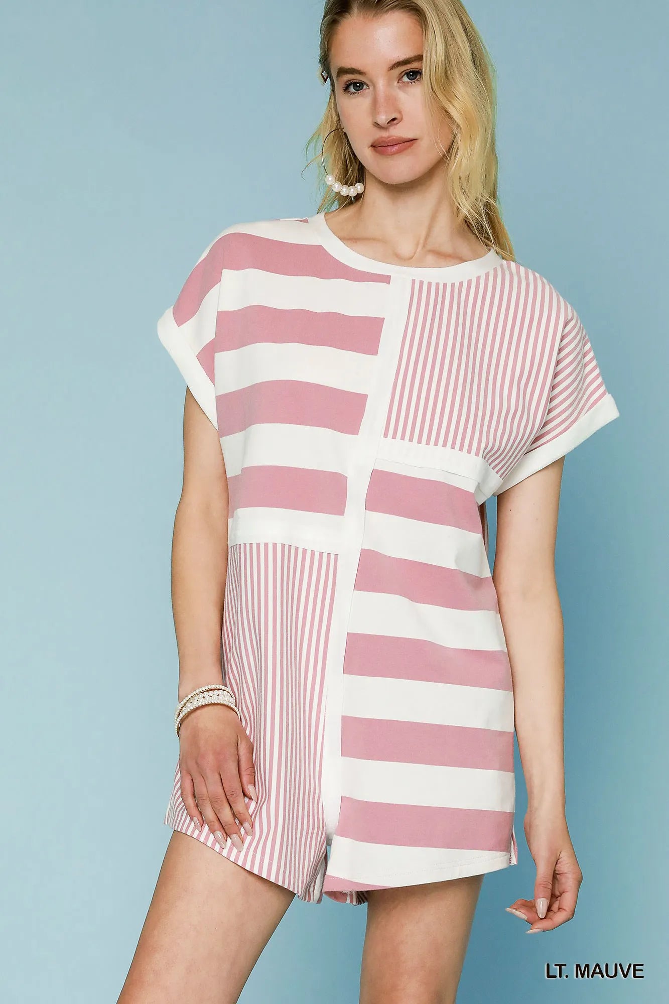 Mixed Striped Short Sleeve Romper in Light Mauve for Women