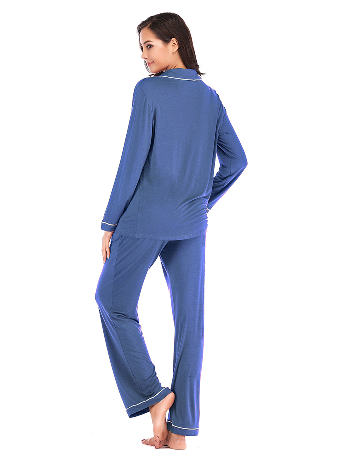 Collared Neck Long Sleeve Loungewear Set with Pockets in Violet for Women