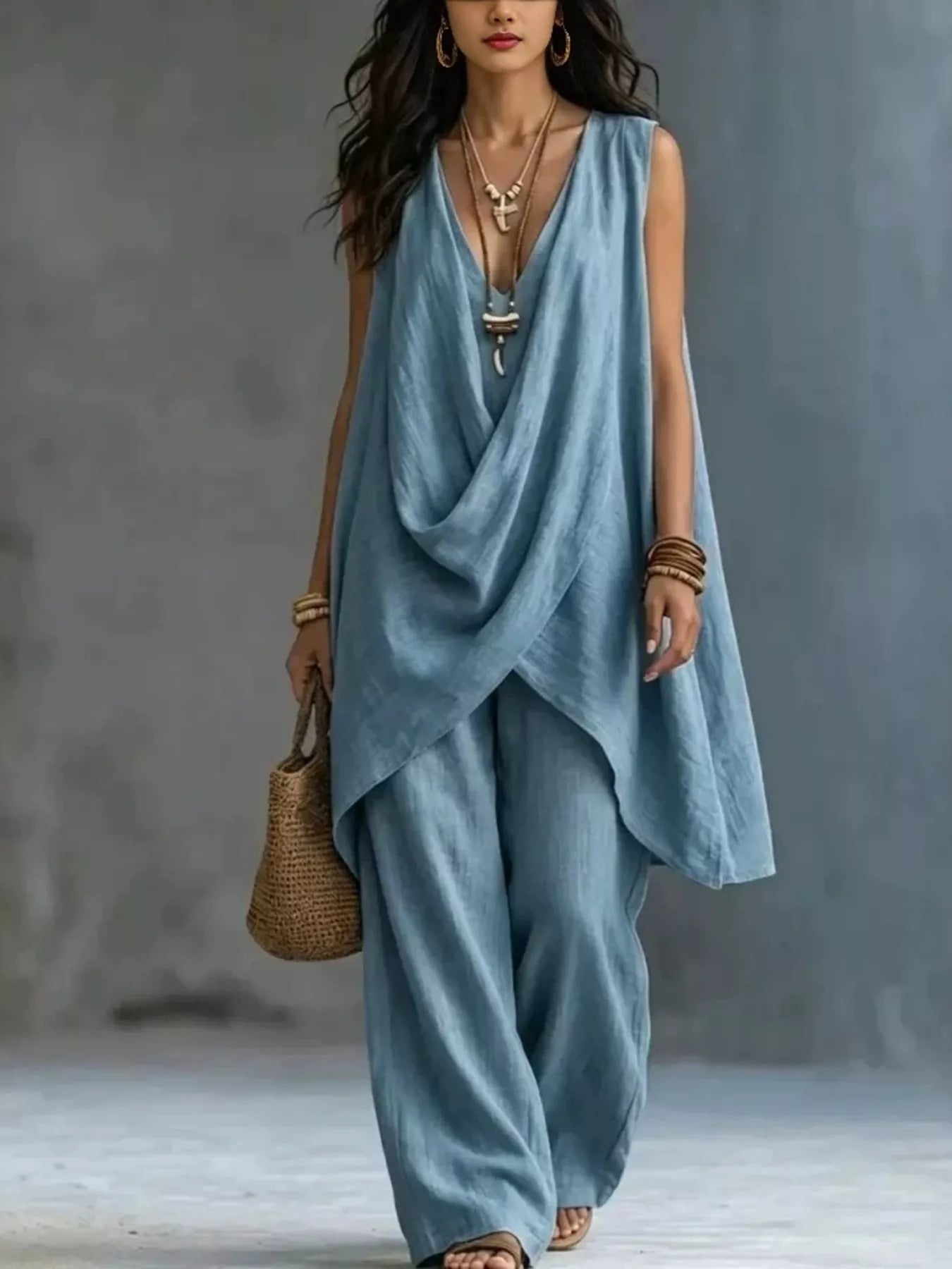 Sleeveless Asymmetrical Top and Wide Leg Pants Set in Black for Women