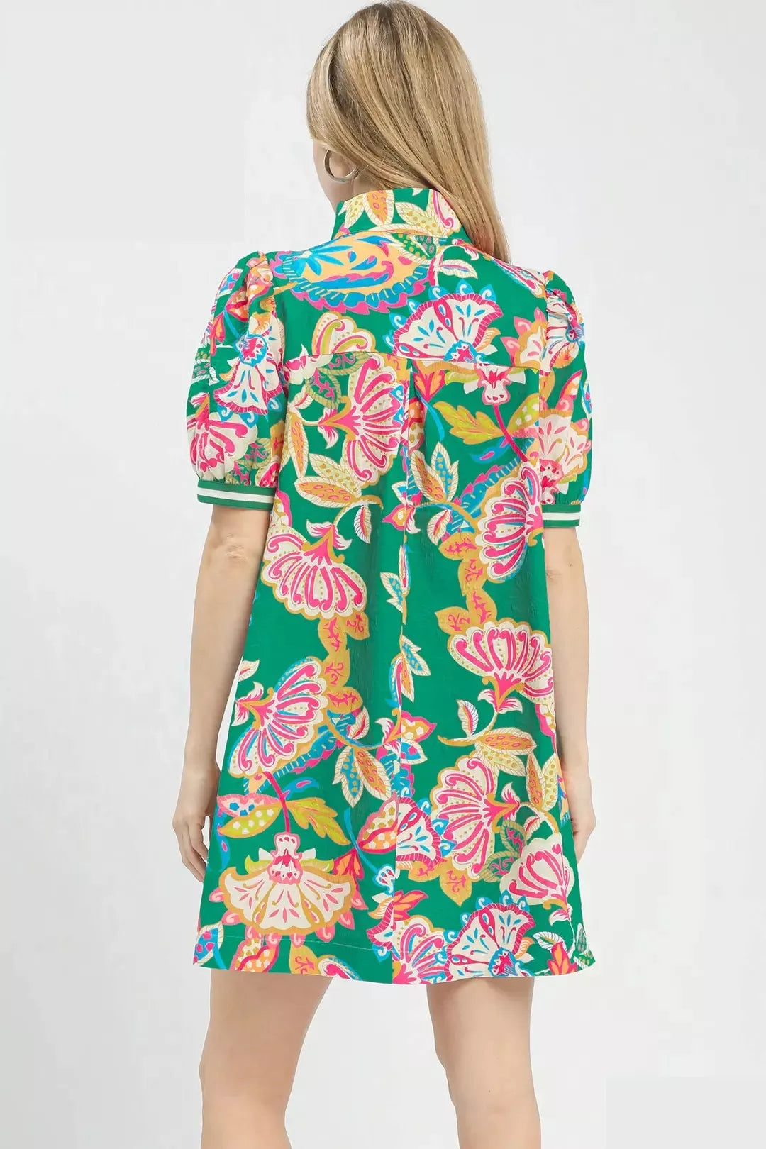 Jacquard Paisley Print Puff Sleeve Tunic Dress in Emerald Mix for Women
