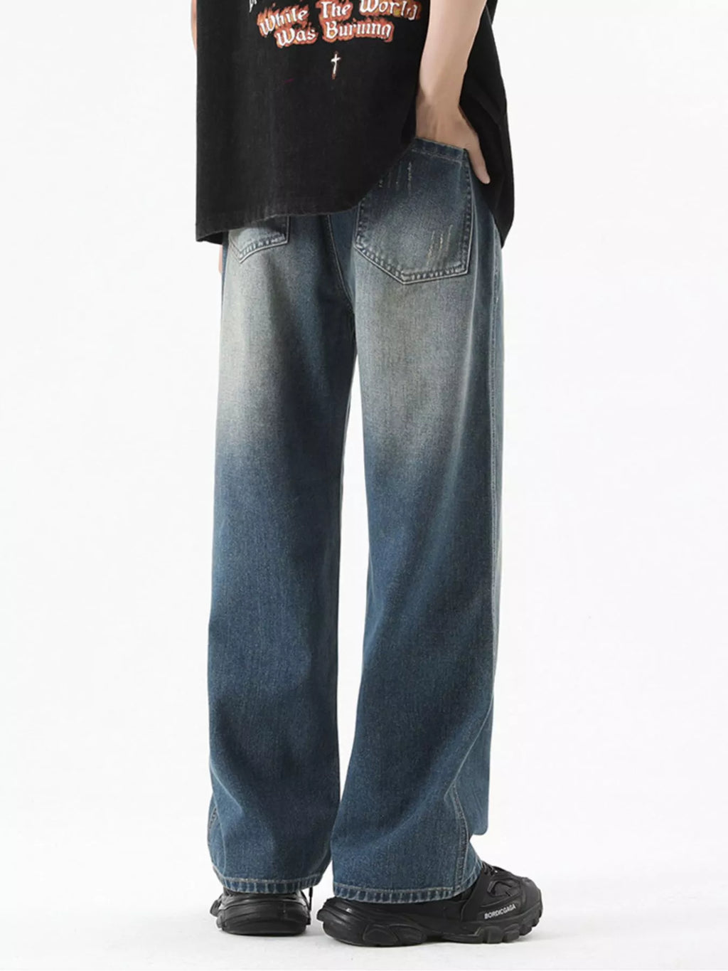 Vintage Wash Wide Leg Jeans Plus Size in Light Blue for Men