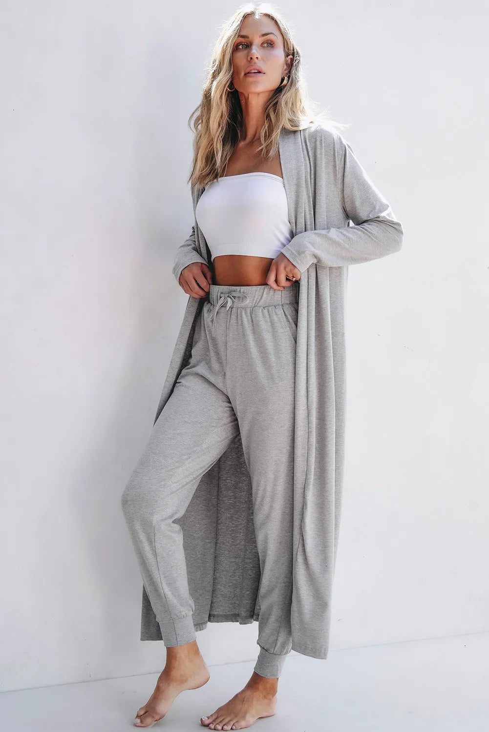 Open Front Long Sleeve Cardigan and Pants Lounge Set in Tan for Women