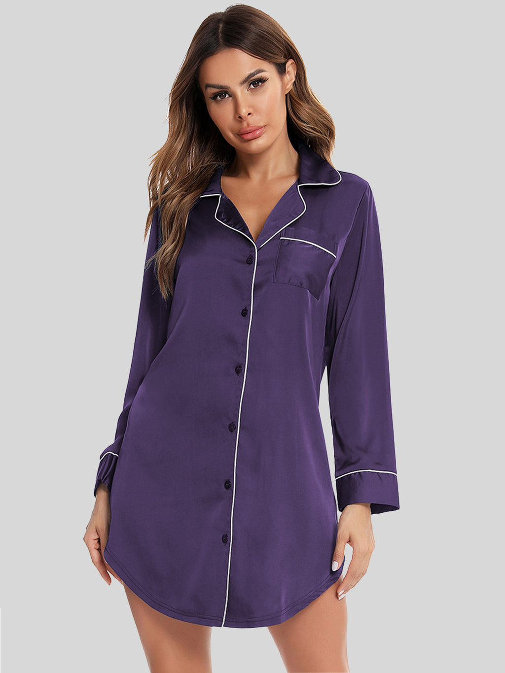 Button Up Lapel Collar Night Dress with Pocket in Peacock Blue for Women