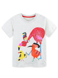 Colorful Birds Print Crew Neck T-Shirt in Light Gray for Girls