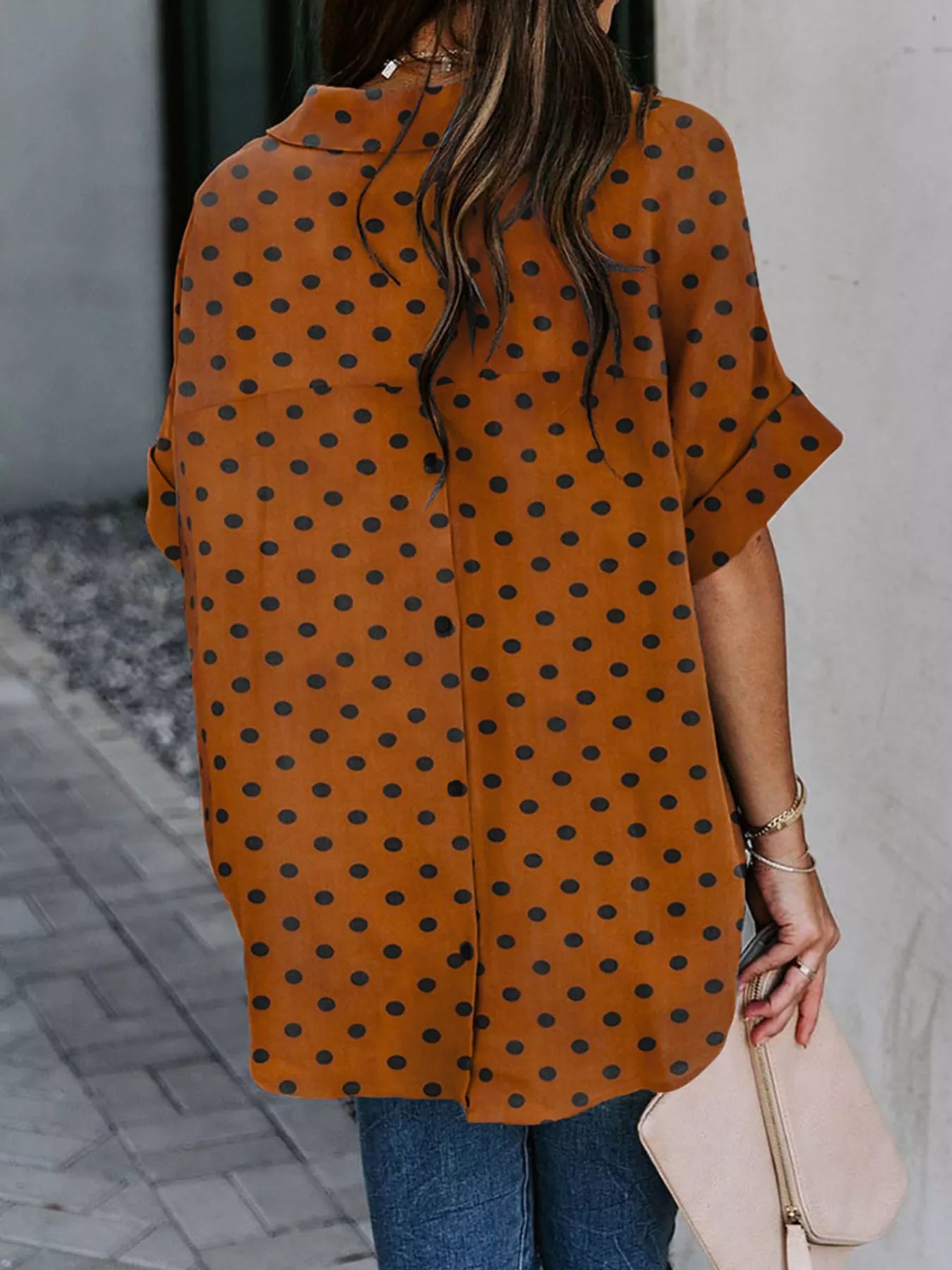 Collared Neck Half Sleeve Shirt Plus Size in Khaki Wave Point for Women