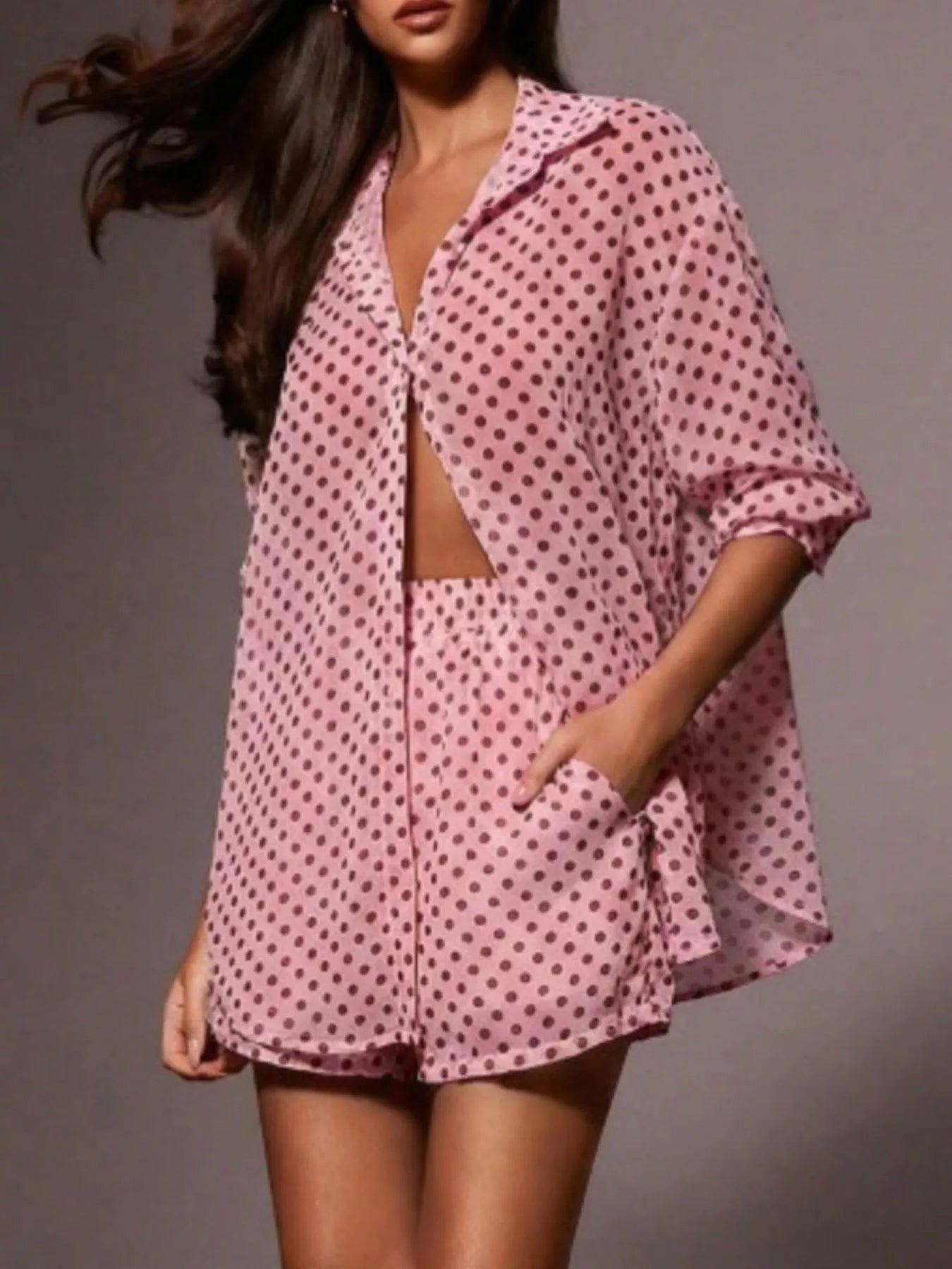 Polka Dot Button Up Shirt and Shorts Set in Yellow for Women