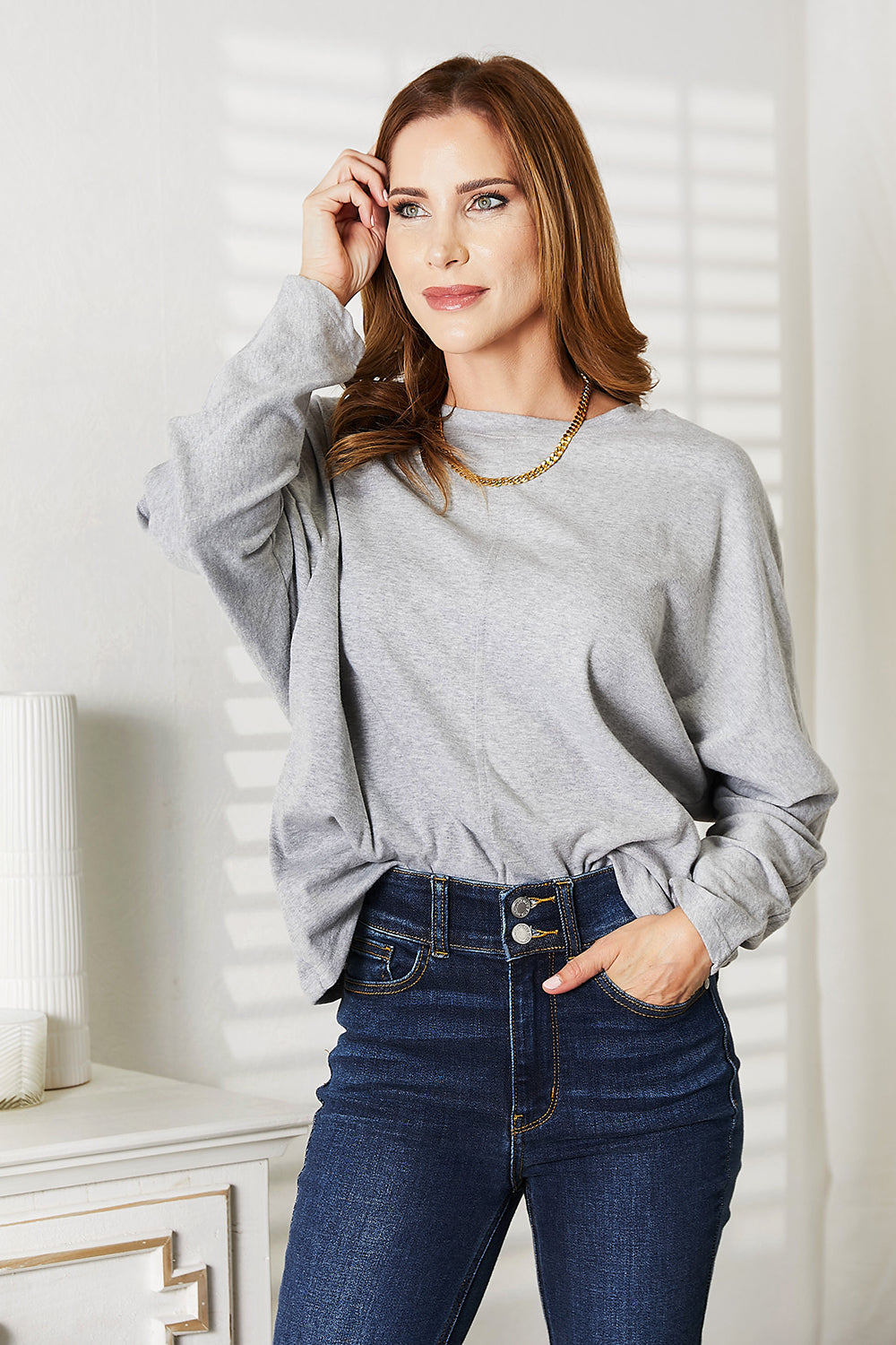 Seam Detail Round Neck Long Sleeve Top in Light Gray for Women