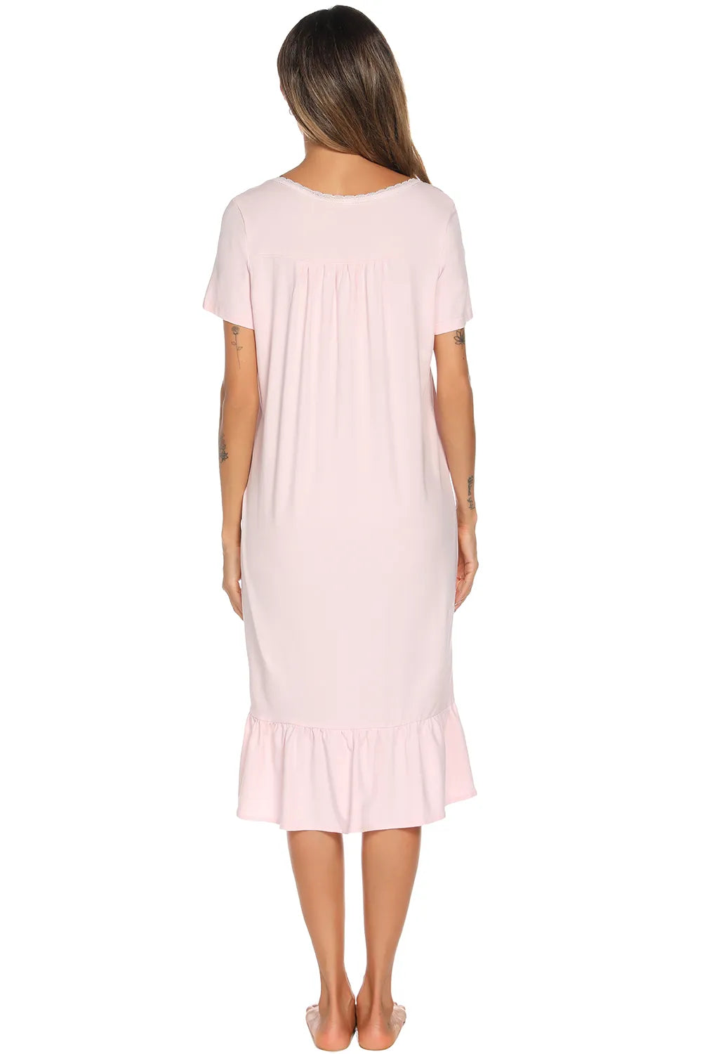 Lace Detail Square Neck Lounge Dress in Blush Pink for Women