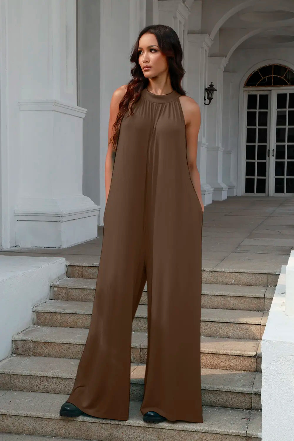 Plus Size Tie Back Cutout Sleeveless Jumpsuit in Aqua for Women