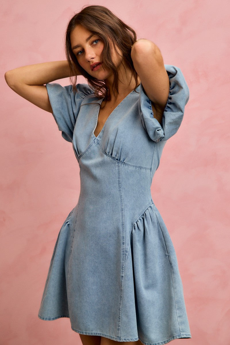 Bubble Sleeves Denim Fit and Flare Mini Dress for Women