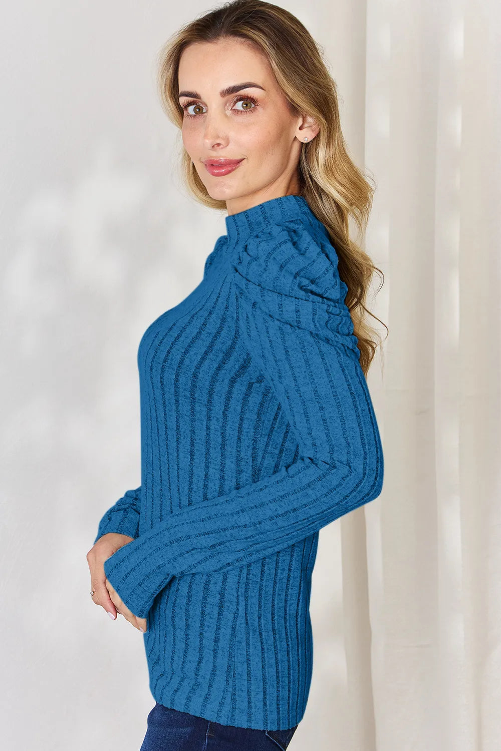 Plus Size Ribbed Mock Neck Puff Sleeve T-Shirt in Sky Blue for Women