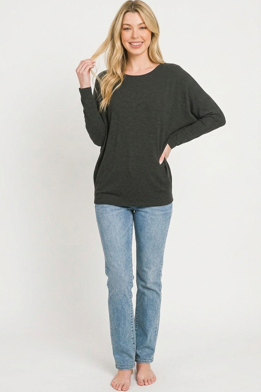 Hacci Dolman Sleeve Boat Neck Top in Black for Women