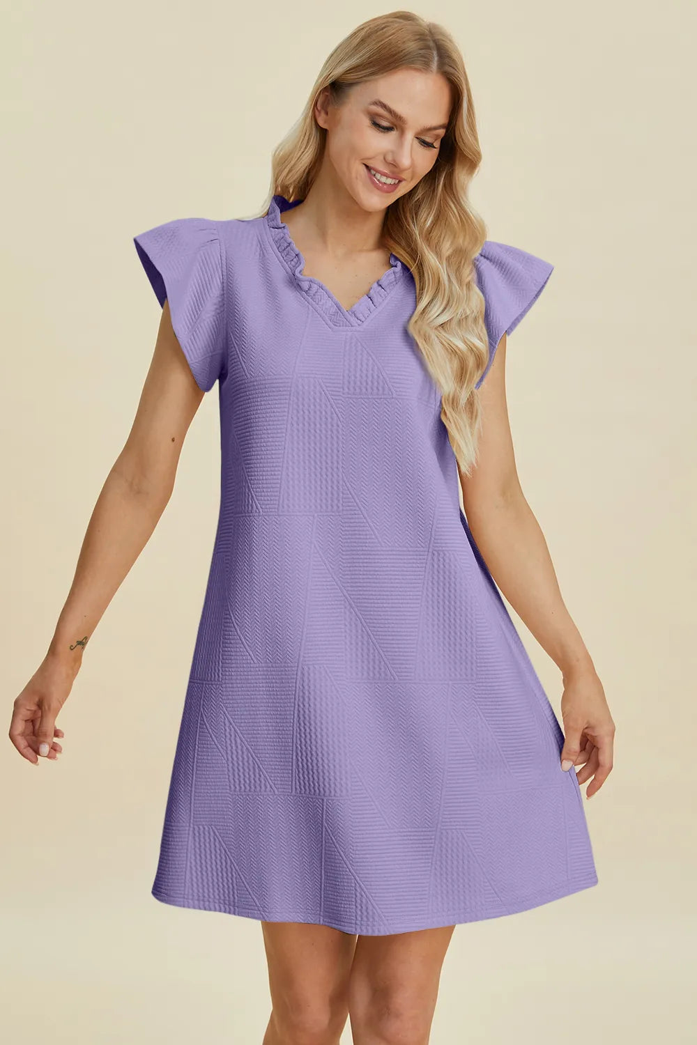 Plus Size Ruffled V-Neck Cap Sleeve Dress in Cream for Women