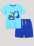 Cartoon Excavator Print Tee and Shorts Set in Pastel Blue for Boys
