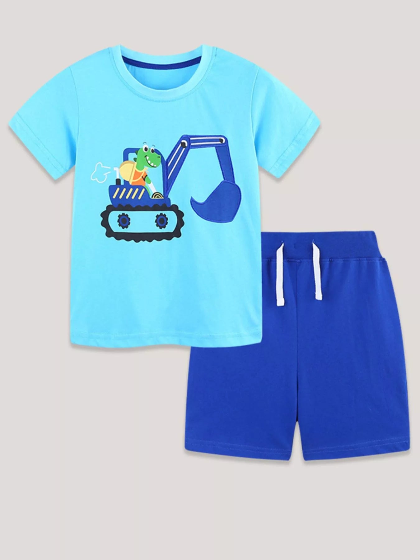 Cartoon Excavator Print Tee and Shorts Set in Pastel Blue for Boys