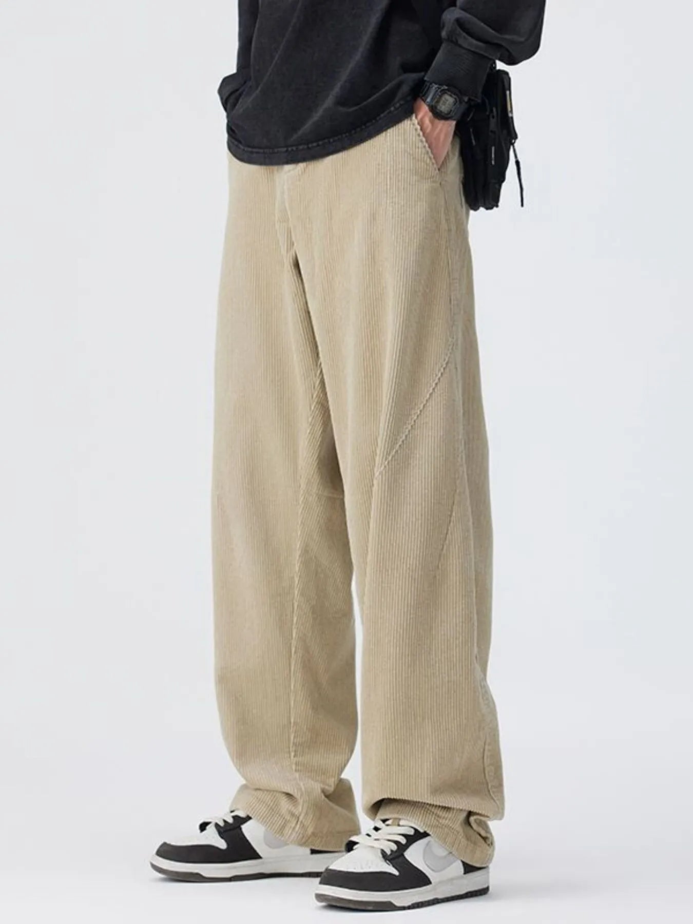 Plus Size Relaxed Fit Corduroy Pants in Black for Men